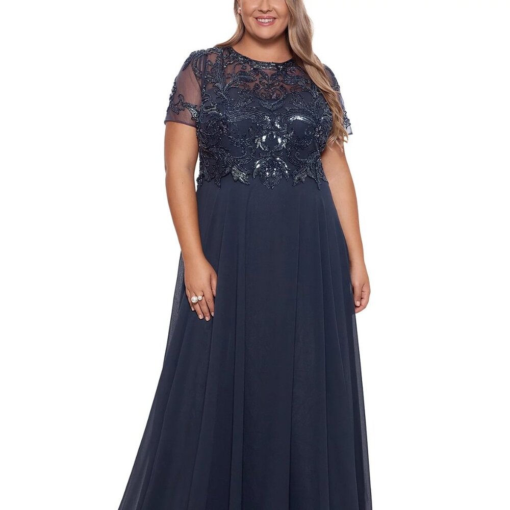 XSCAPE Embellished Chiffon Ball Gown Charcoal Plus Size 18W